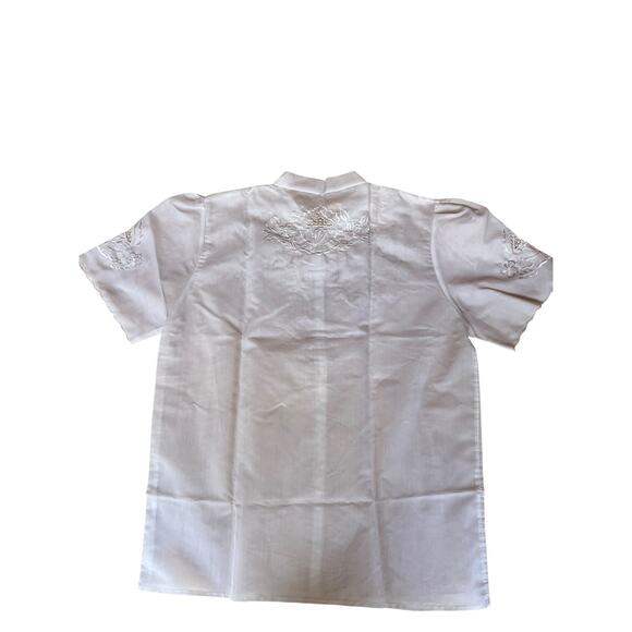 Vintage 80s Women's Floral Embroidered Classic Career Cotton Blouse White XL - Picture 3 of 6